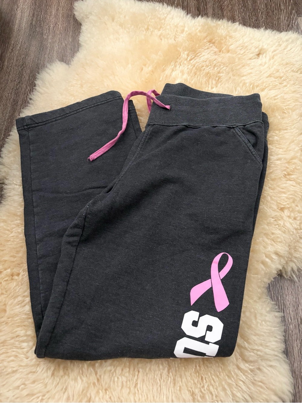 Kids Blackish Gray Sweatpants with Breast Cancer Pink Ribbon Accent